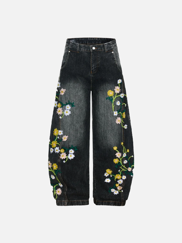 Vaqueros anchos con estampado de flores desgastadas y tiro alto