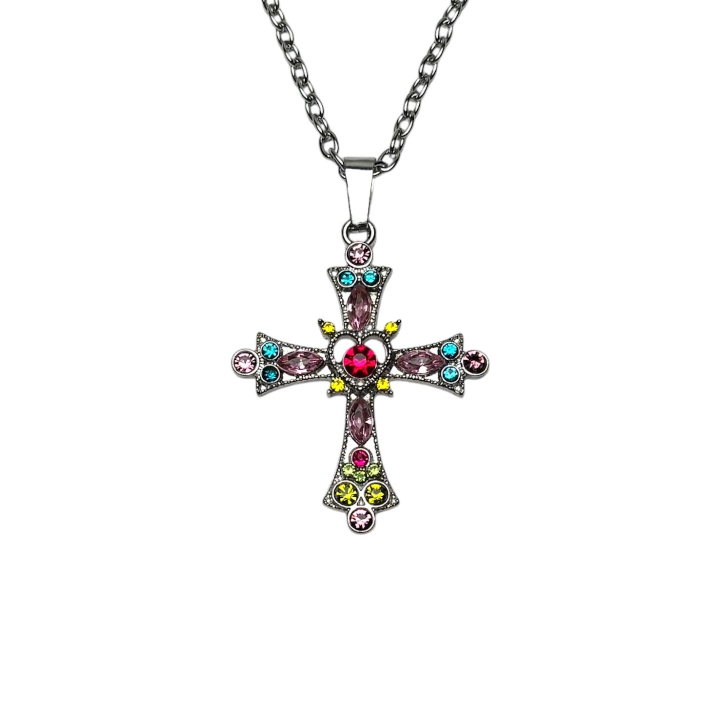 Frosted Crystal Heart Cross Necklace