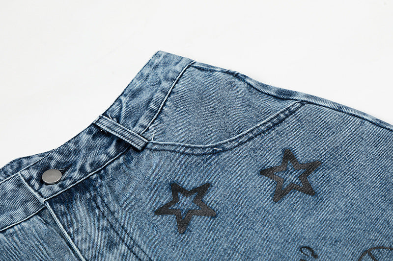 Light Blue Graphic Wide-Leg Shorts
