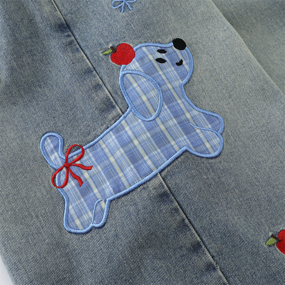 Cartoon Embroidered Wide-Leg Denim Shorts