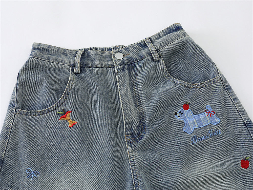 Cartoon Embroidered Wide-Leg Denim Shorts