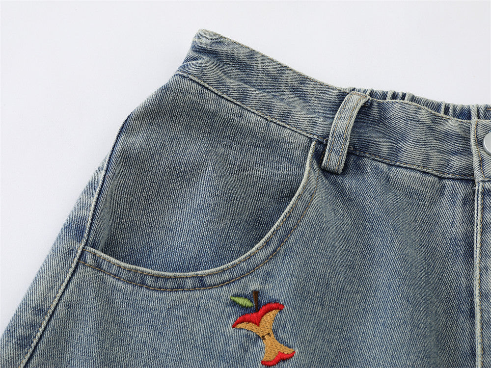 Cartoon Embroidered Wide-Leg Denim Shorts