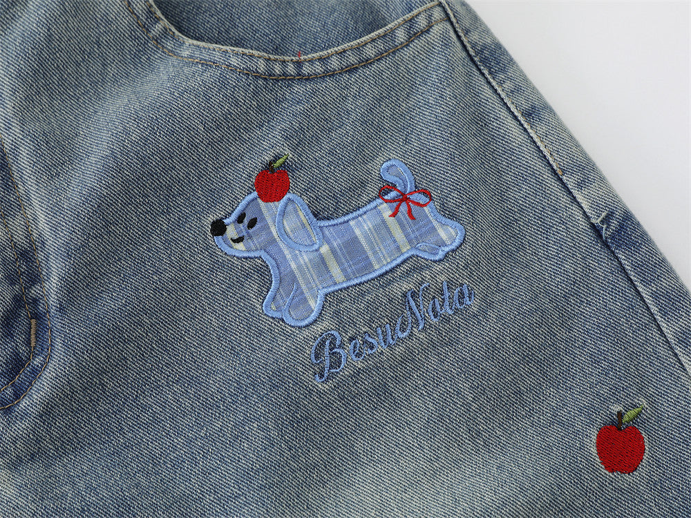 Cartoon Embroidered Wide-Leg Denim Shorts