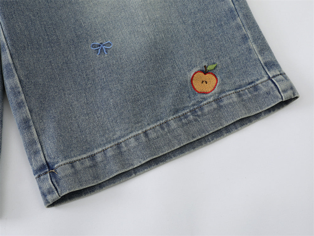 Cartoon Embroidered Wide-Leg Denim Shorts