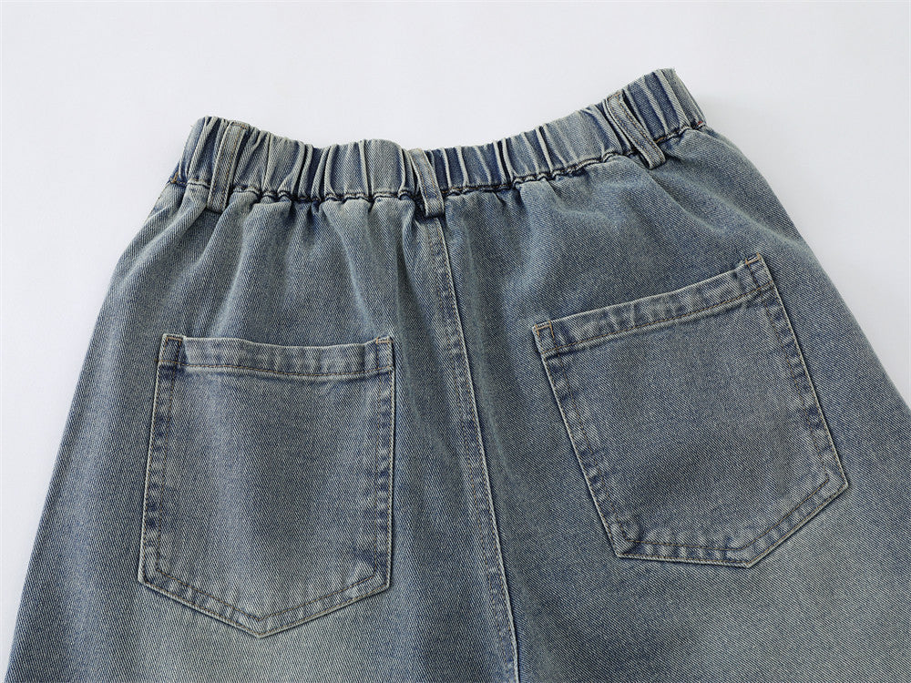 Cartoon Embroidered Wide-Leg Denim Shorts