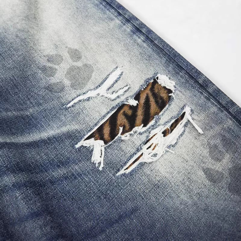 Tiger Stripe Distressed Wide-Leg Jeans