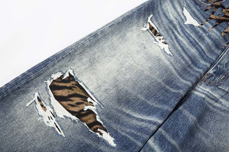 Tiger Stripe Distressed Wide-Leg Jeans