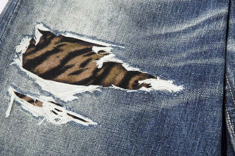 Tiger Stripe Distressed Wide-Leg Jeans