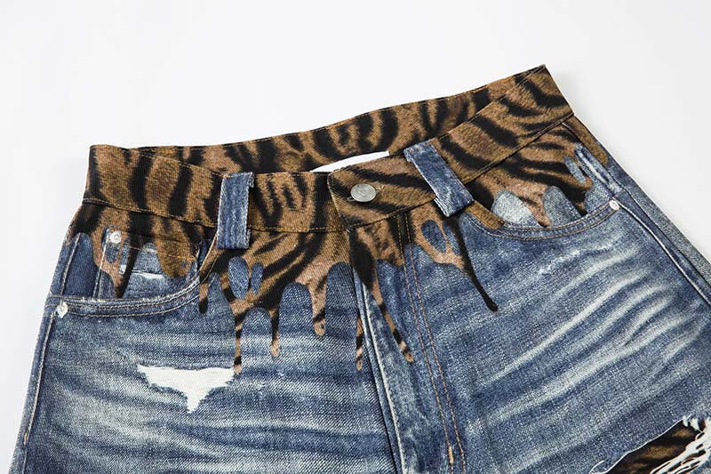 Tiger Stripe Distressed Wide-Leg Jeans