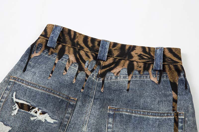 Tiger Stripe Distressed Wide-Leg Jeans