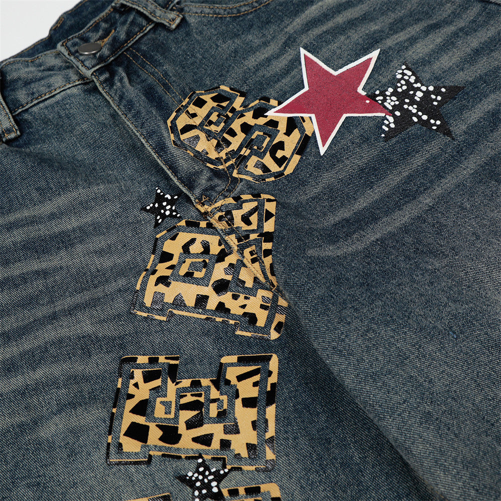 Leopard Print Wide-Leg Denim Jeans