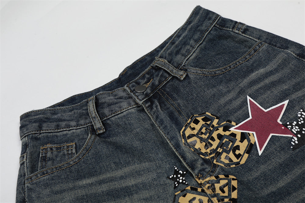 Leopard Print Wide-Leg Denim Jeans