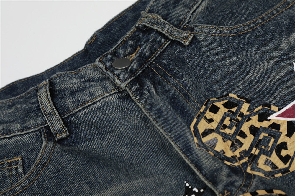Leopard Print Wide-Leg Denim Jeans