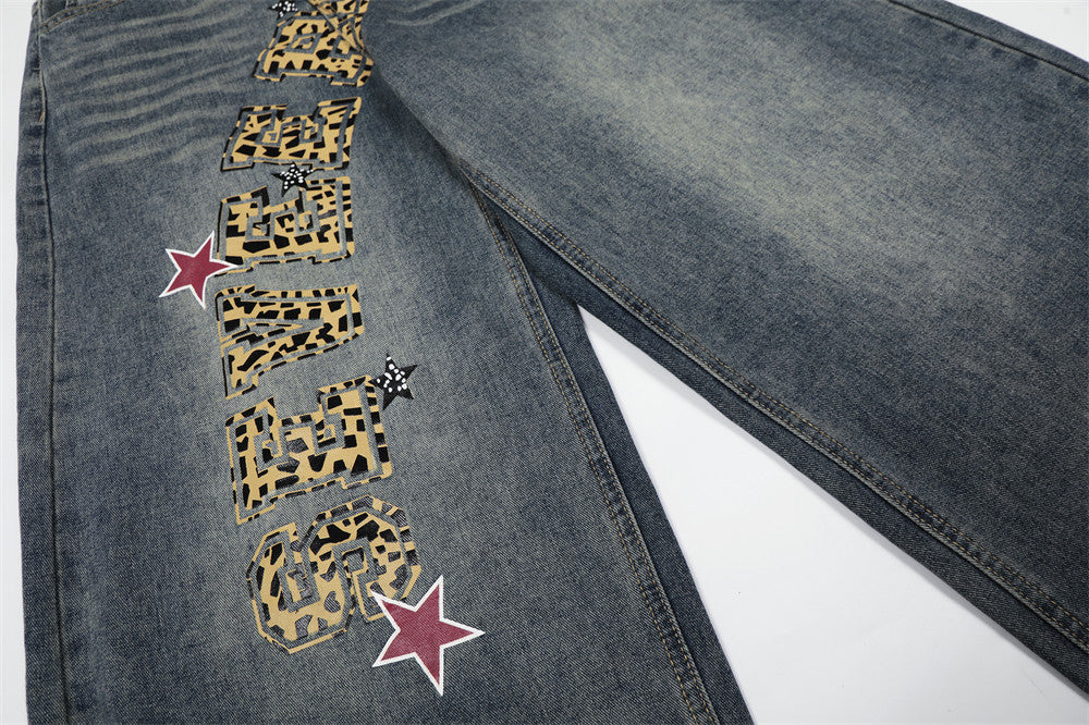 Leopard Print Wide-Leg Denim Jeans