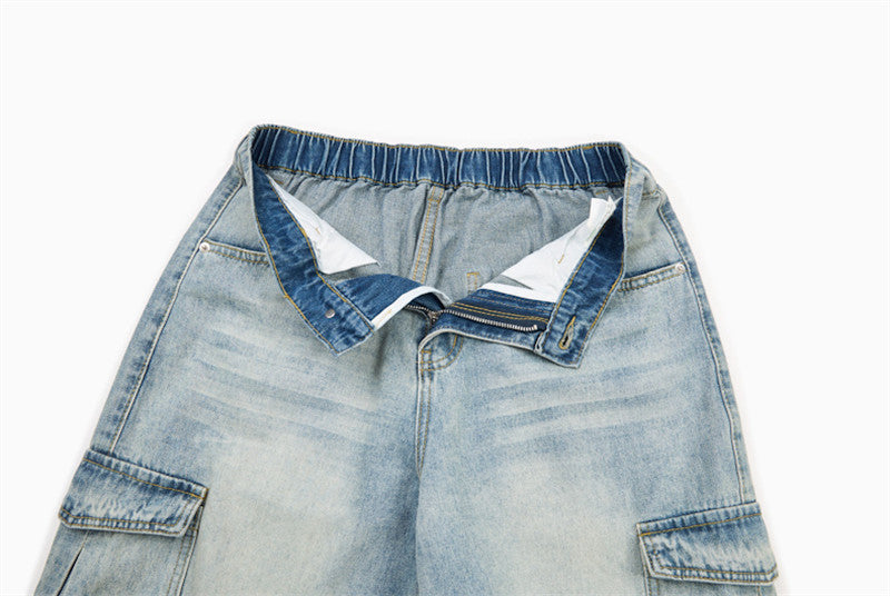 Pantalones cortos cargo de mezclilla desgastados de corte holgado