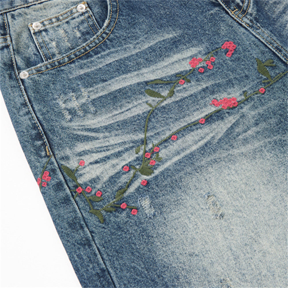 Distressed Floral Embroidered Wide-Leg Jeans