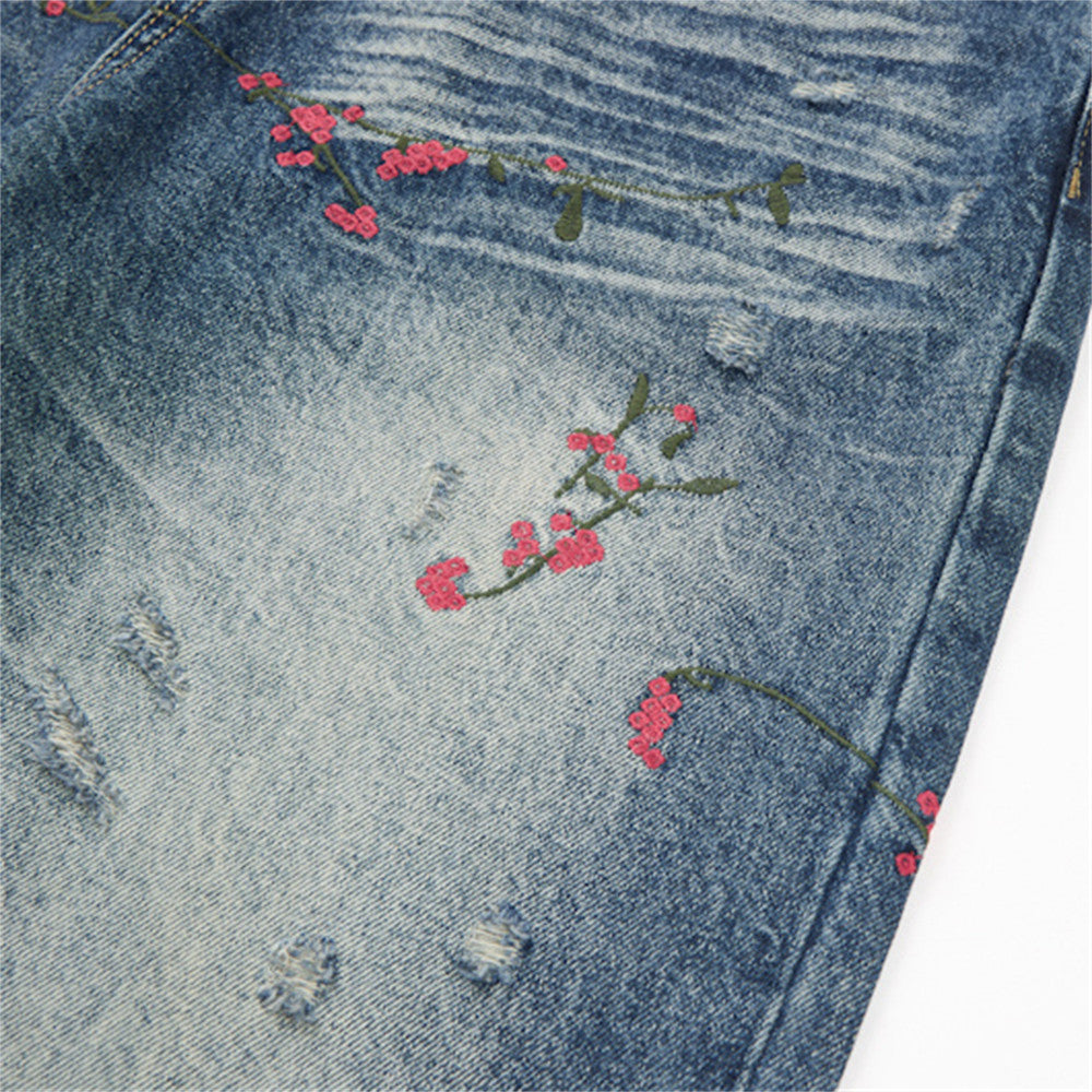 Distressed Floral Embroidered Wide-Leg Jeans