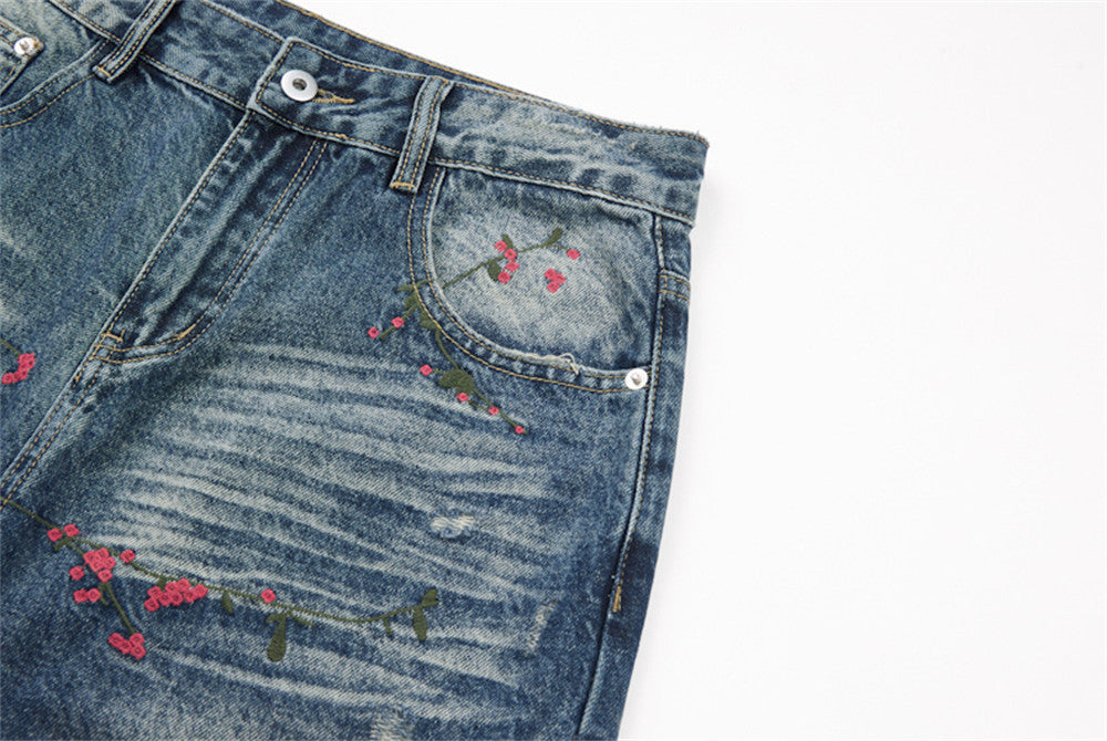 Distressed Floral Embroidered Wide-Leg Jeans
