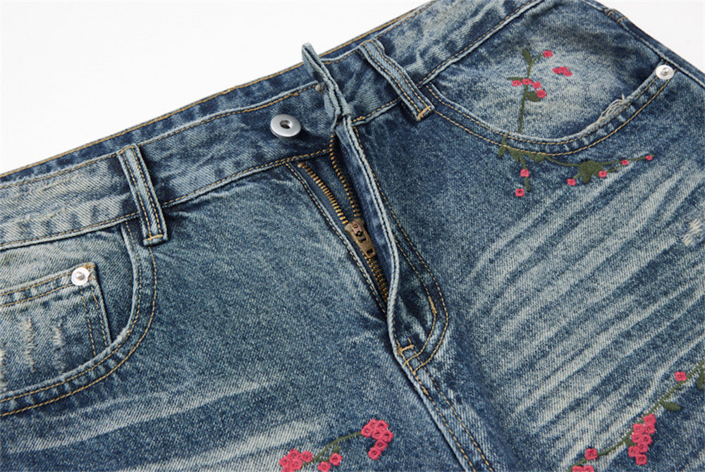 Distressed Floral Embroidered Wide-Leg Jeans