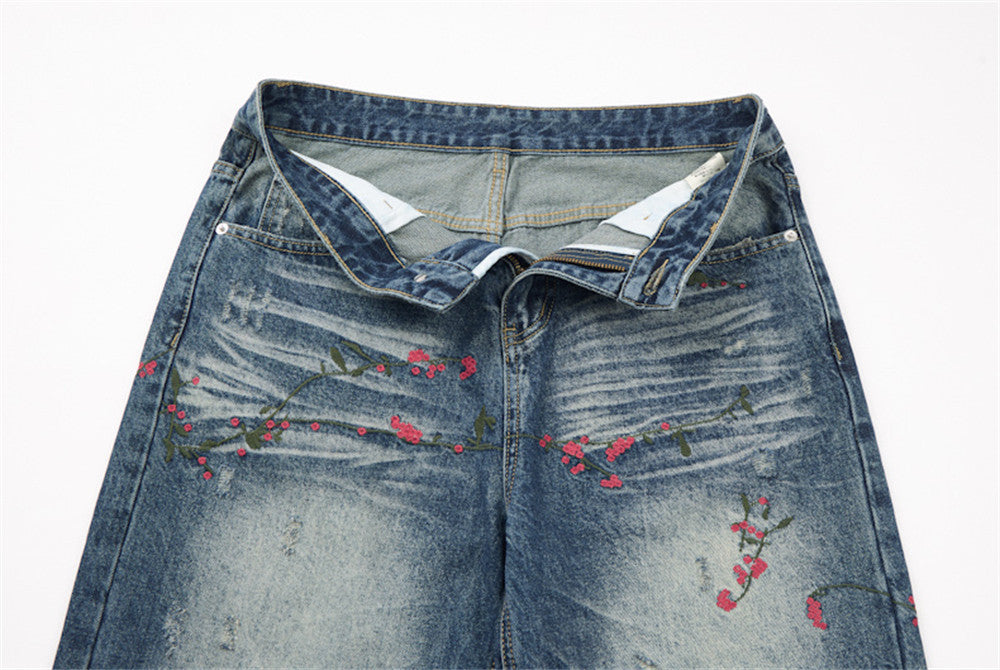 Distressed Floral Embroidered Wide-Leg Jeans