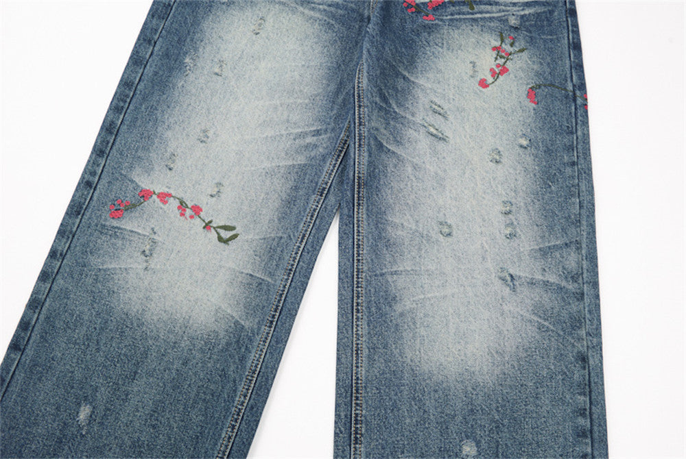 Distressed Floral Embroidered Wide-Leg Jeans