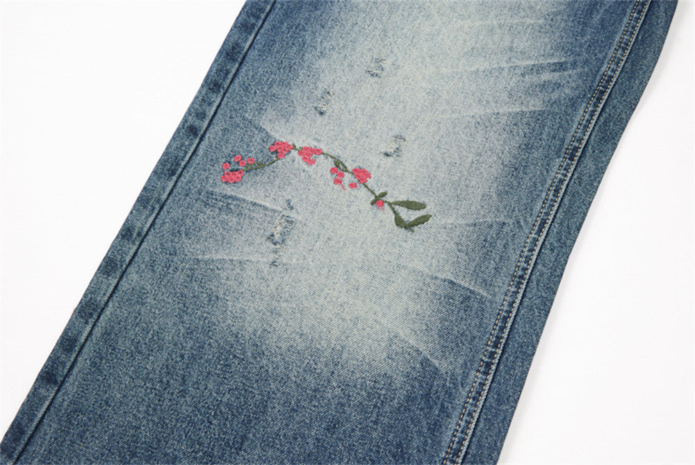 Distressed Floral Embroidered Wide-Leg Jeans