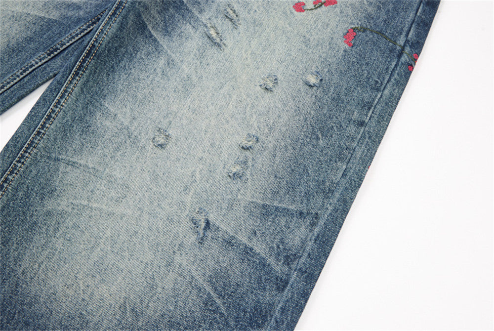 Distressed Floral Embroidered Wide-Leg Jeans
