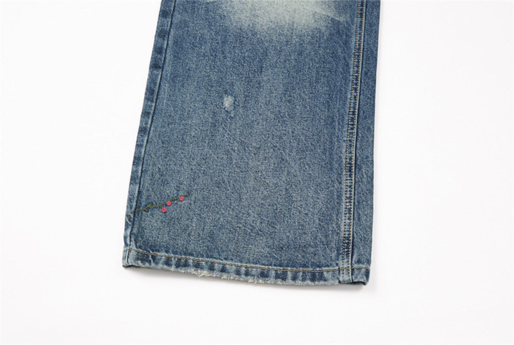 Distressed Floral Embroidered Wide-Leg Jeans