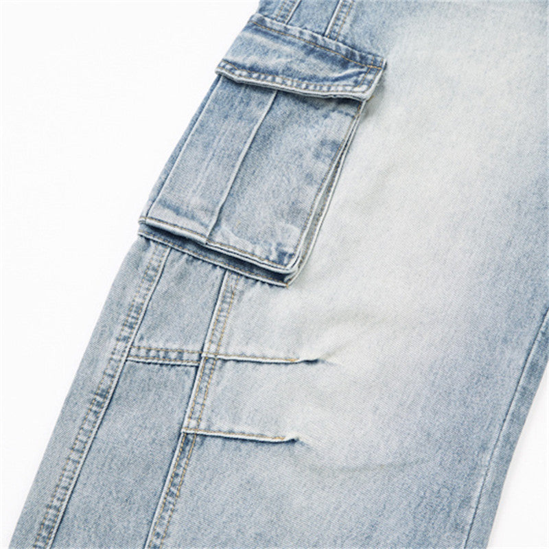 Vaqueros cargo desgastados azul claro de pernera ancha