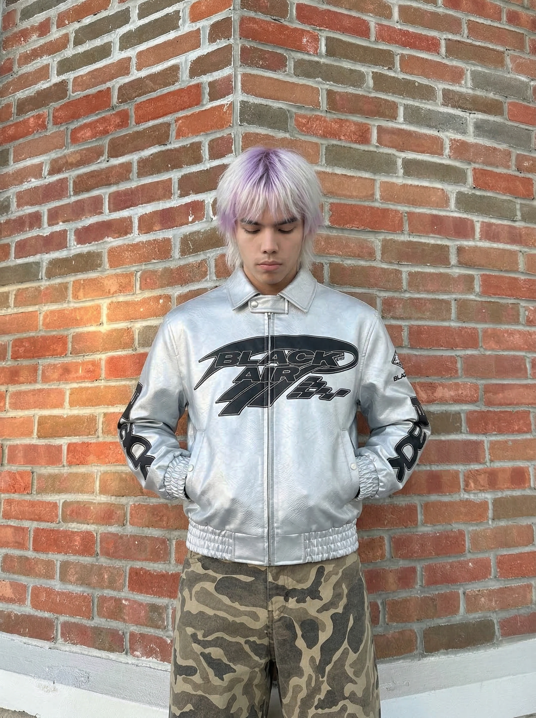 Chaqueta de carreras reflectante de cuero Y2K