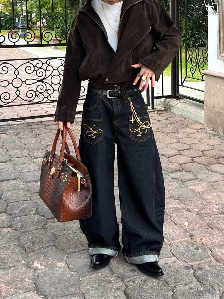 Vaqueros retro de corte holgado con bolsillos decorativos