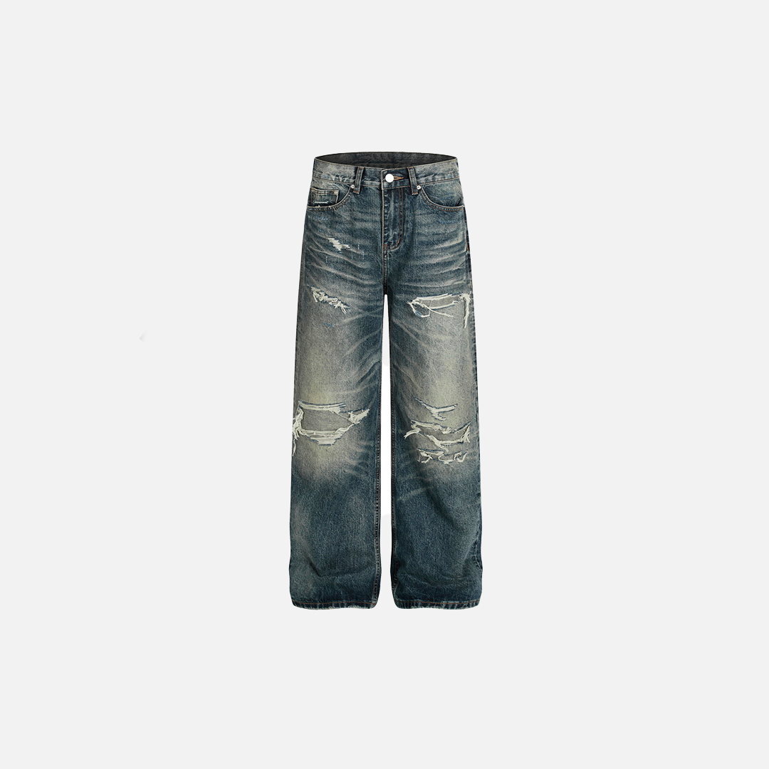 Vaqueros de pierna ancha de denim desgastado y lavado vintage