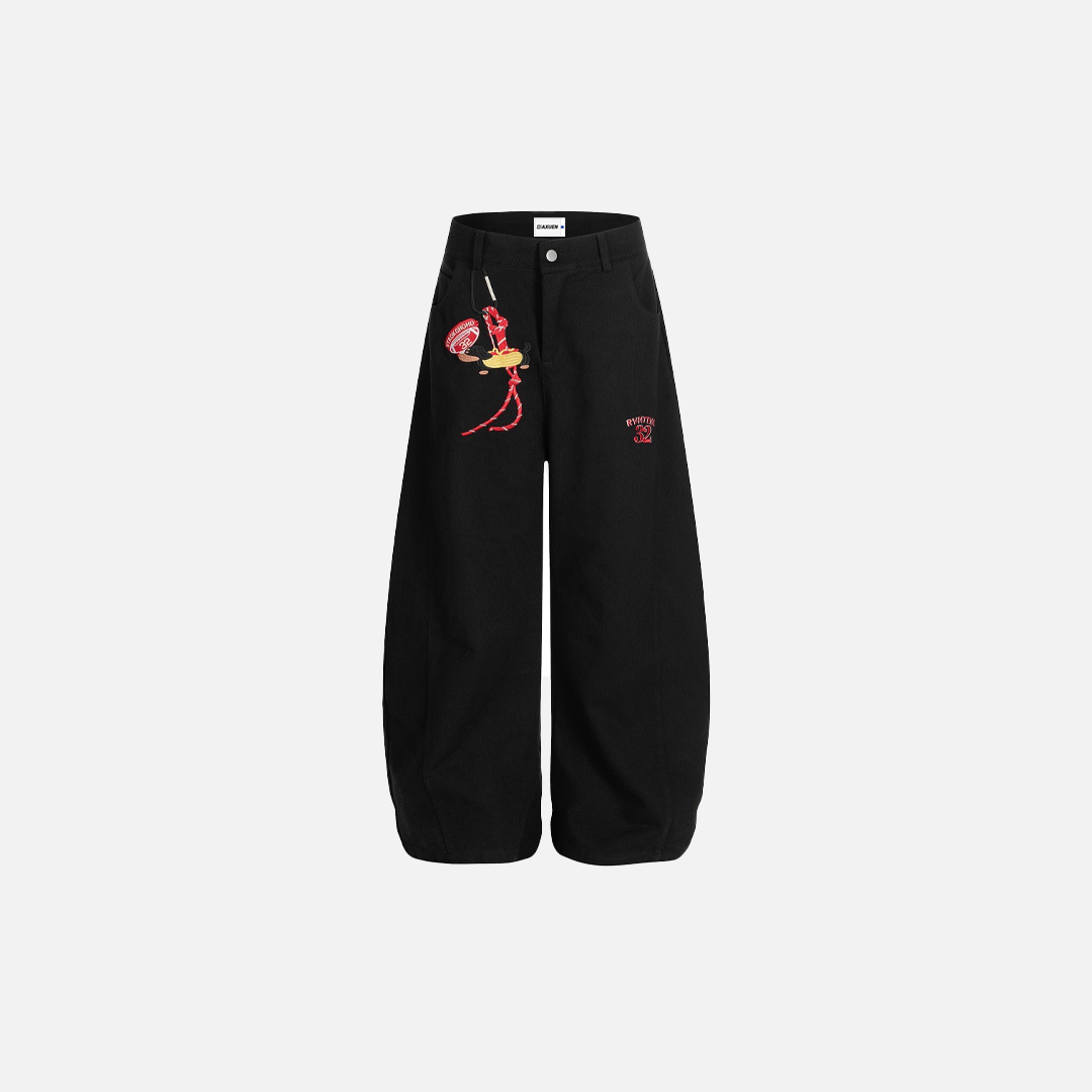 Cool Cartoon Embroidered Wide-Leg Casual Pants