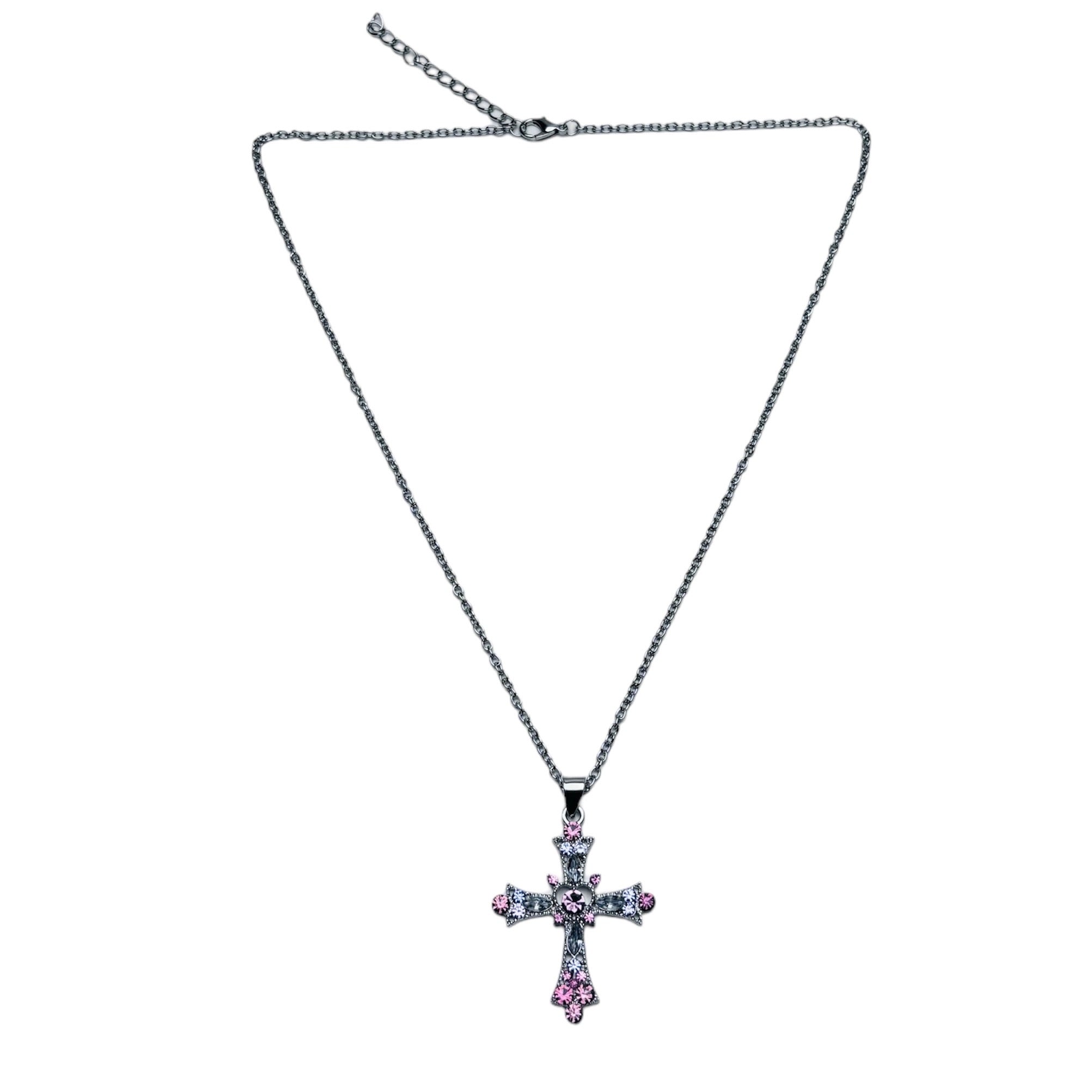 Frosted Crystal Heart Cross Necklace