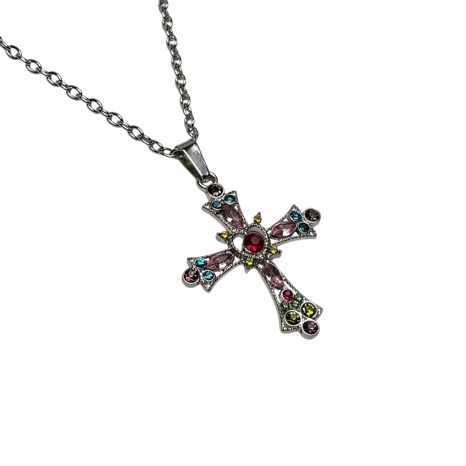 Frosted Crystal Heart Cross Necklace