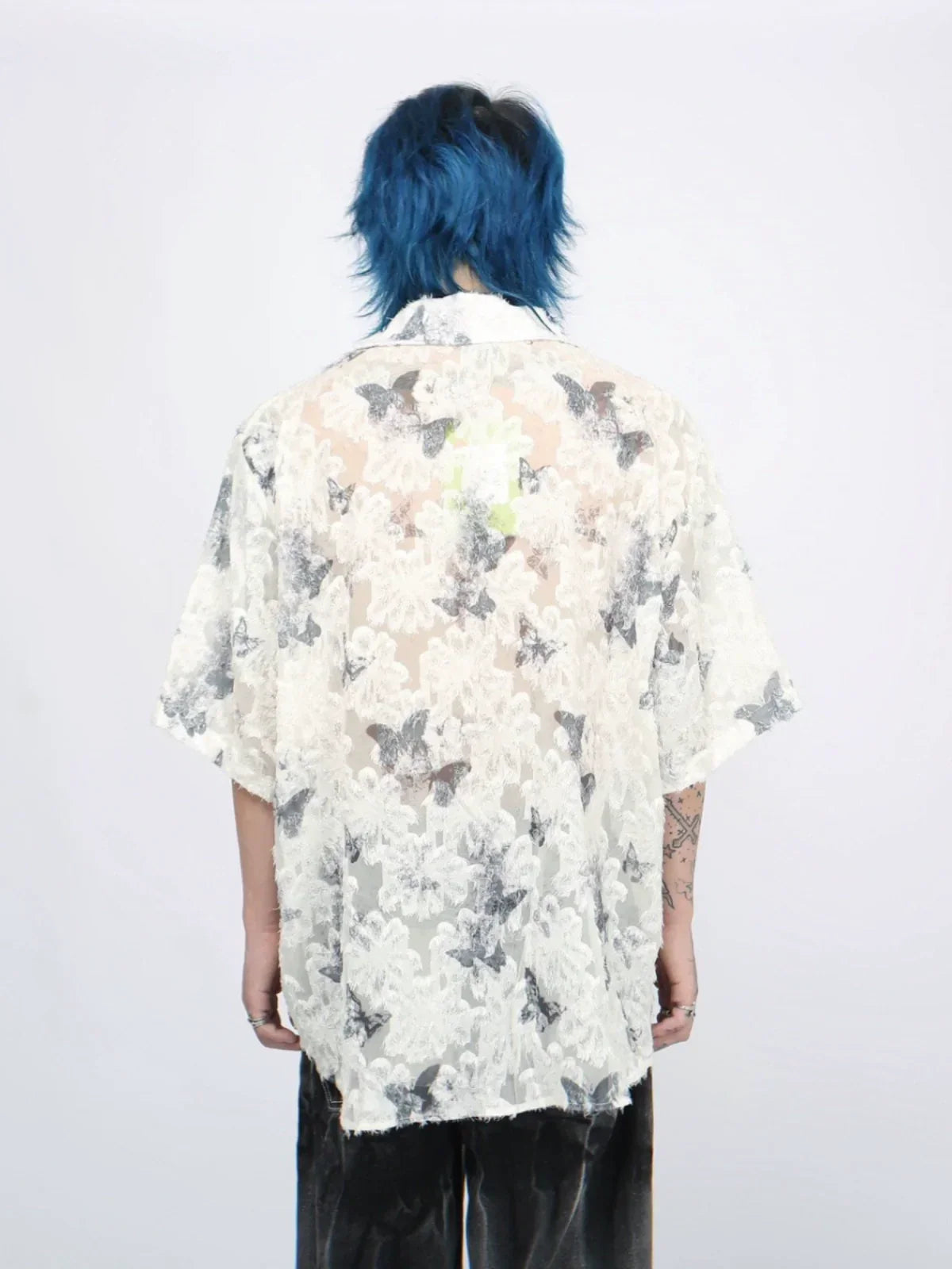 Butterfly Full Print Oversized Sheer Short Sleeve Shirt