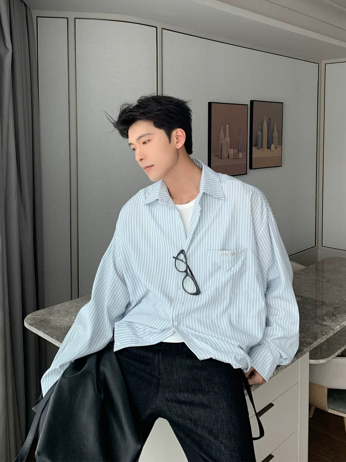 Vertical Stripe Waist-Fit Cotton Long Sleeve Shirt