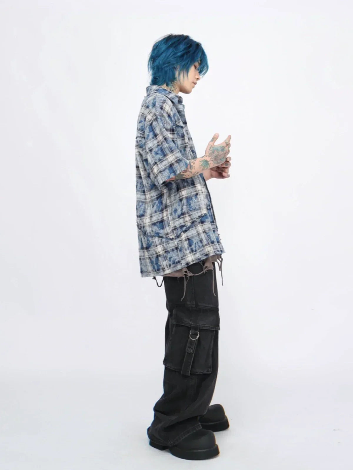 Tie Dye Plaid Raw-Edge Short Sleeve Shirt