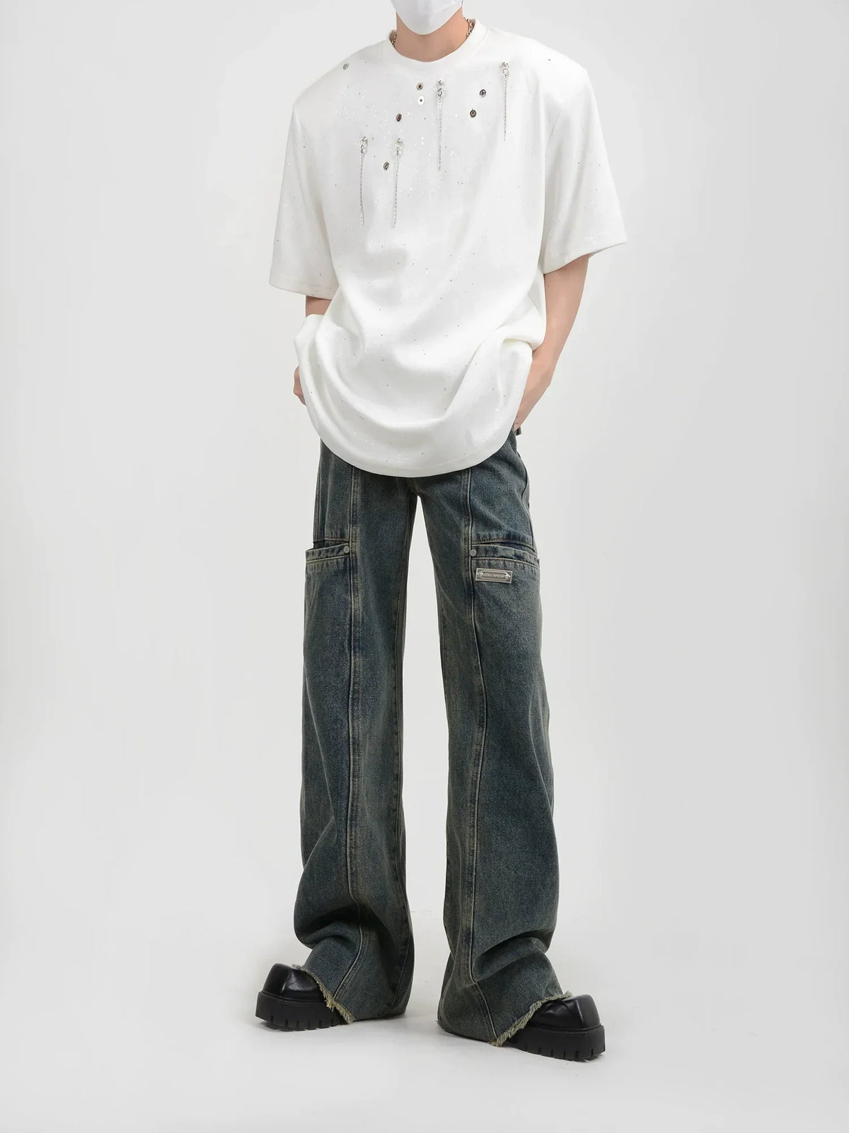 Metal Pendant Decoration Shoulder Pad Short Sleeve Shirt