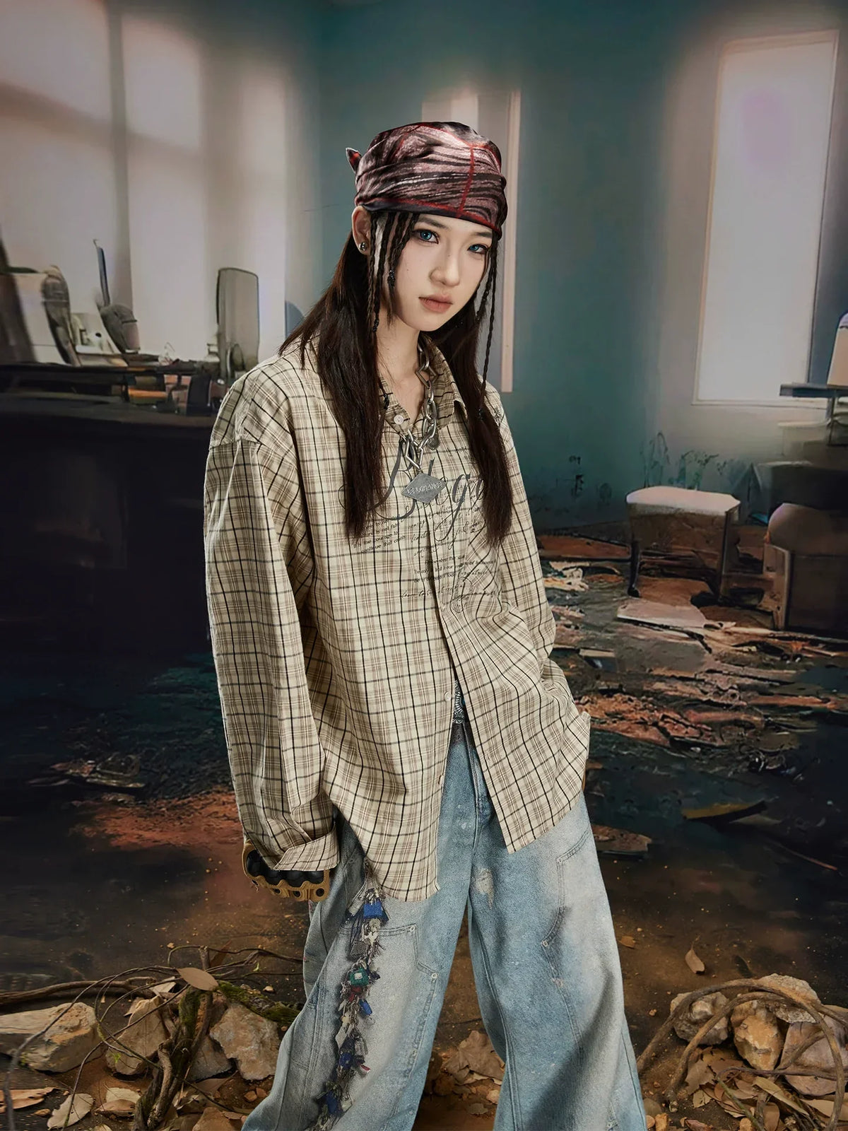 Print Oversized Plaid Long Sleeve Shirt
