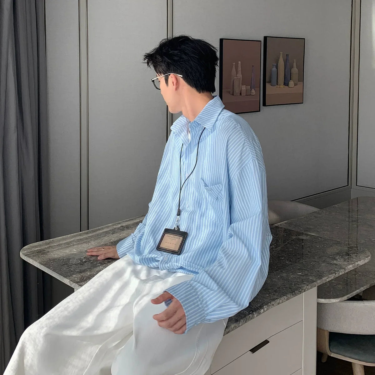 Vertical Stripe Waist-Fit Cotton Long Sleeve Shirt