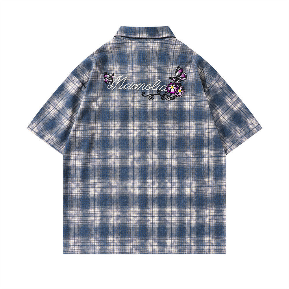 Loose Plaid Embroidered Butterfly Shirt