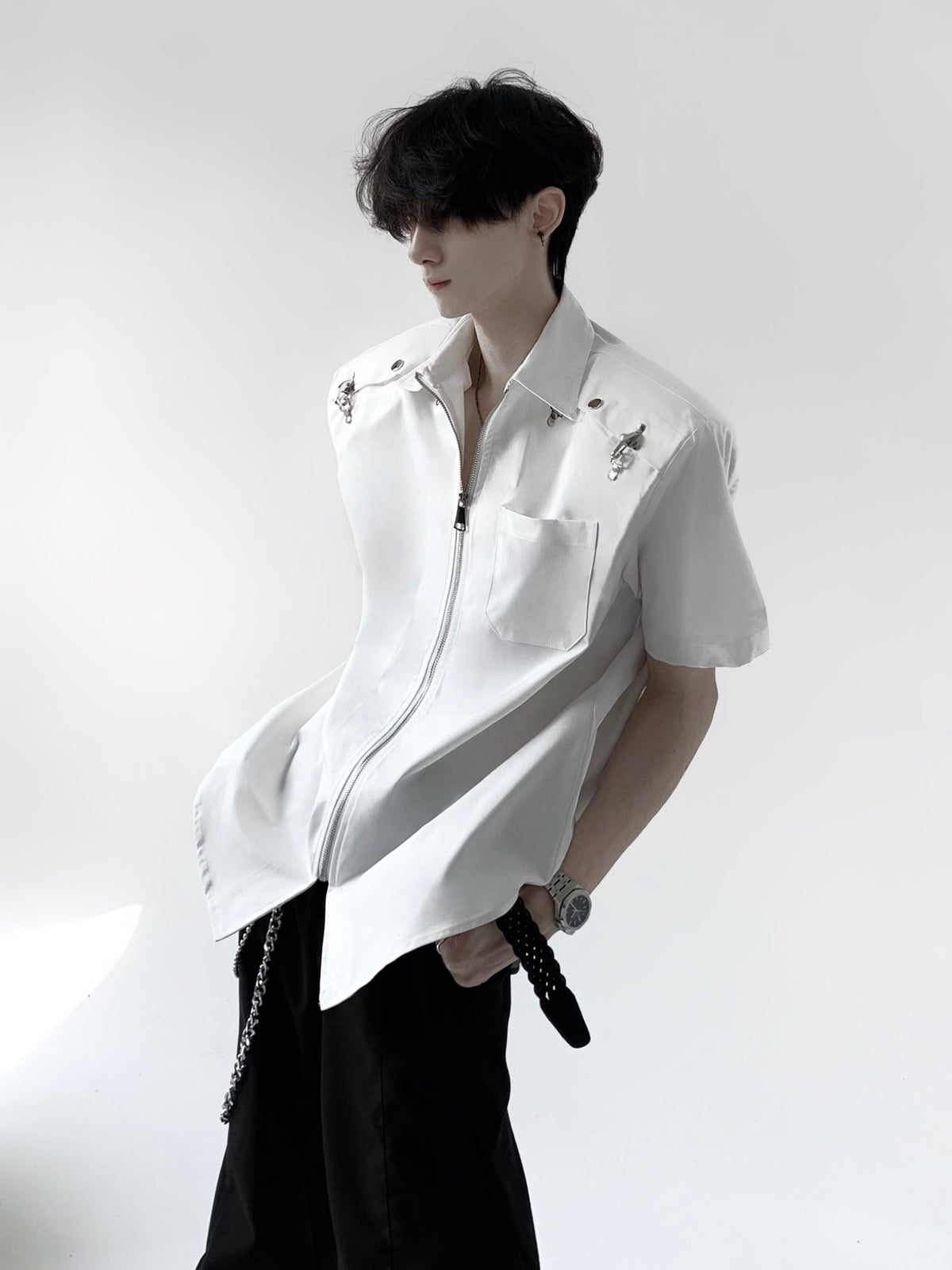 Metal Deconstruction Shoulder-Pad Zipper Short Sleeve Shirt