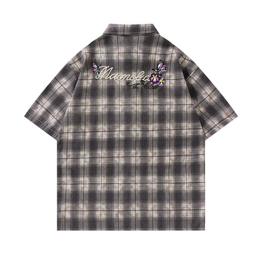 Loose Plaid Embroidered Butterfly Shirt
