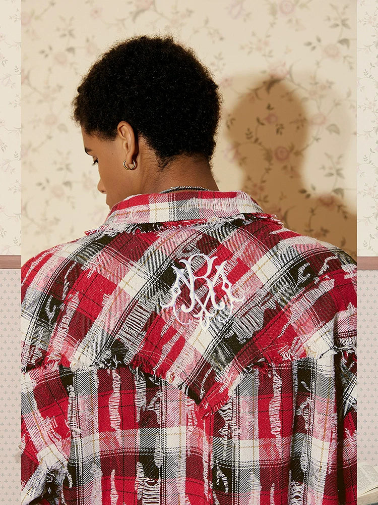 Patchwork Embroidery Plaid Oversized Long Sleeve Shirt