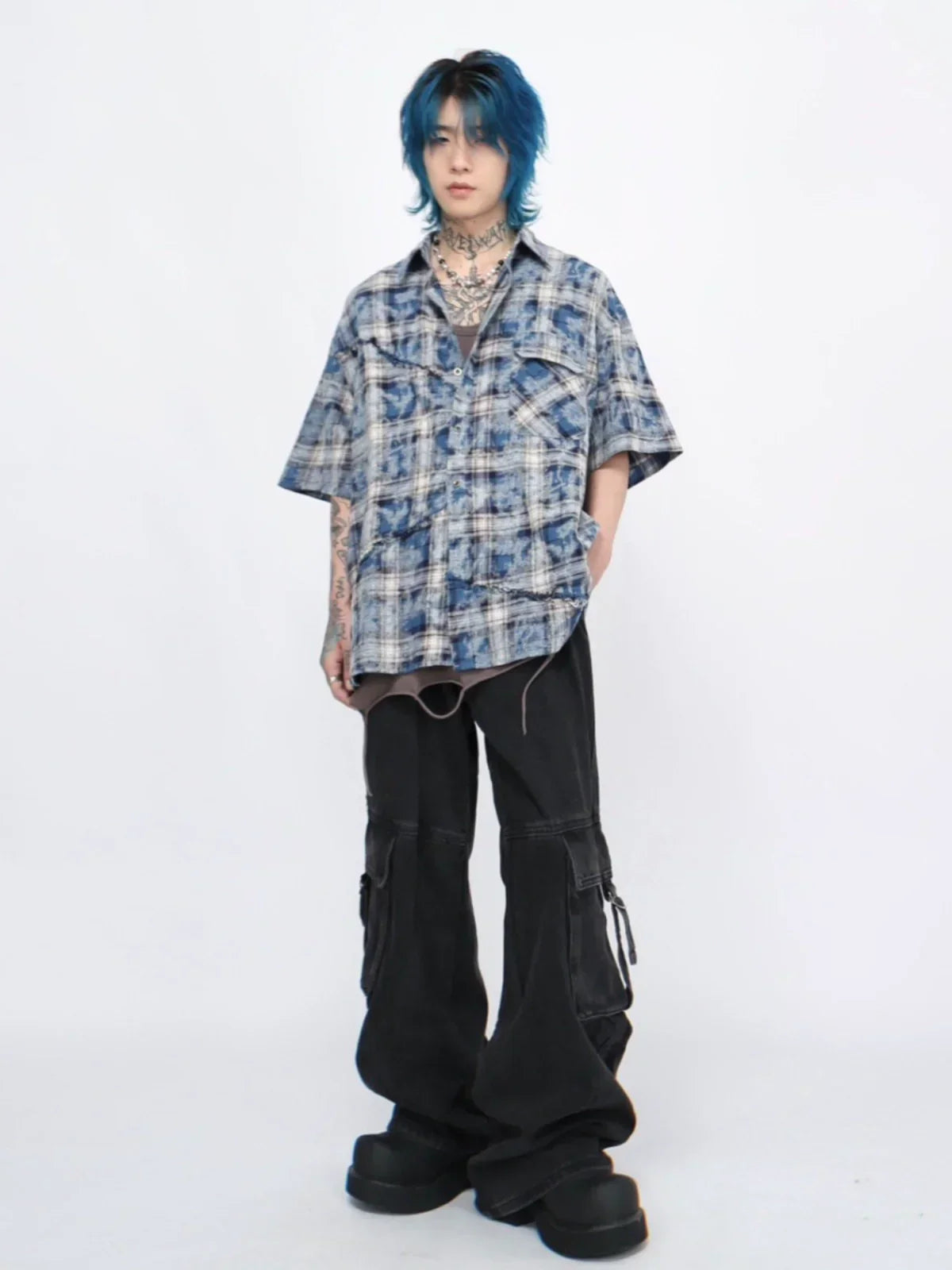 Tie Dye Plaid Raw-Edge Short Sleeve Shirt