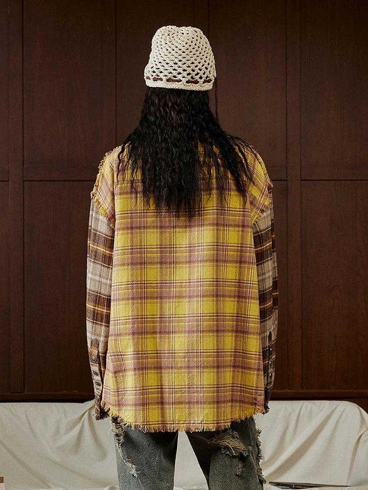 Colorblock Brushed Raw Hem Patchwork Plaid Long Sleeve Shirt