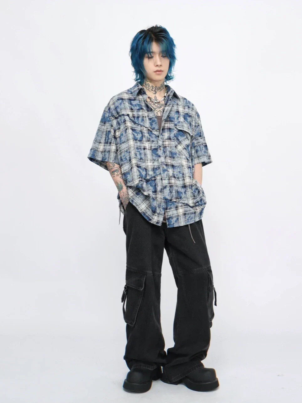 Tie Dye Plaid Raw-Edge Short Sleeve Shirt