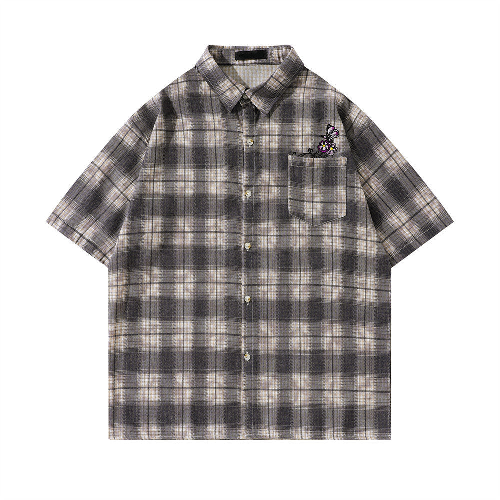 Loose Plaid Embroidered Butterfly Shirt