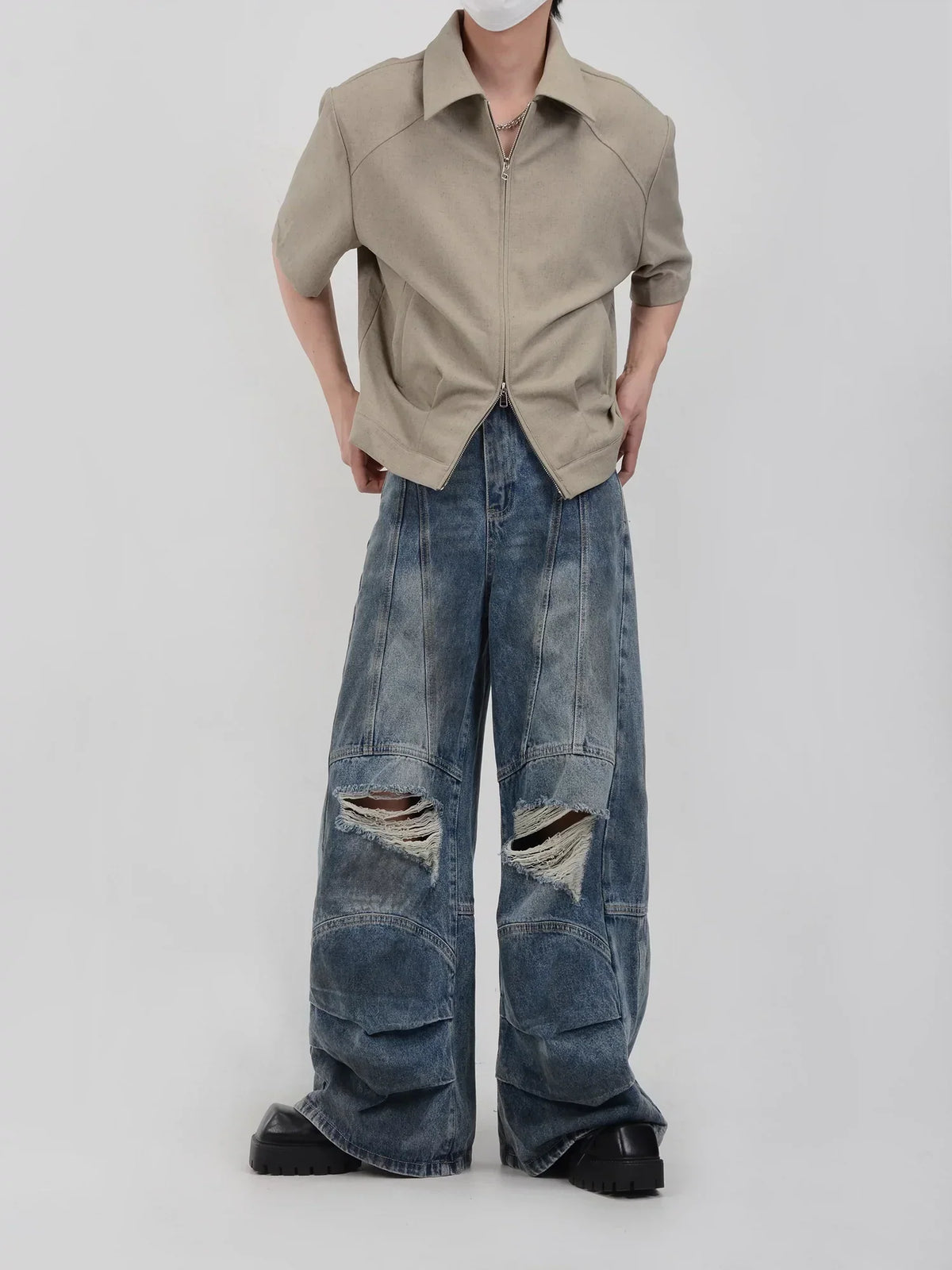 Double Zipper Shoulder Pads Short Sleeve Shirt